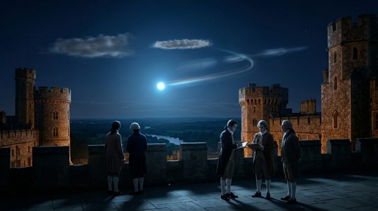 Four witnesses including Royal Academy co-founders Thomas and Paul Sandby watching from the Windsor Castle terrace as a brilliant pale blue luminous sphere halted beneath an oblong cloud and lit everything on the ground with prodigious light before moving east and changing direction on August 18 1783 — as published in the Philosophical Transactions of the Royal Society 1784 and documented in the surviving Sandby aquatint