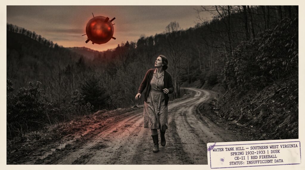 Illustration of the spring 1932 to 1933 Water Tank Hill southern West Virginia CE-II encounter showing a woman in 1930s rural Appalachian dress frozen mid-stride on an isolated dirt road looking up at a deep red glowing spherical object with visible antenna or leg-like structural protrusions hovering silently above the road at dusk with dense Appalachian forest on both sides