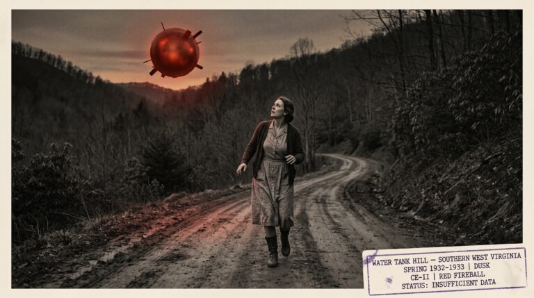 Illustration of the spring 1932 to 1933 Water Tank Hill southern West Virginia CE-II encounter showing a woman in 1930s rural Appalachian dress frozen mid-stride on an isolated dirt road looking up at a deep red glowing spherical object with visible antenna or leg-like structural protrusions hovering silently above the road at dusk with dense Appalachian forest on both sides