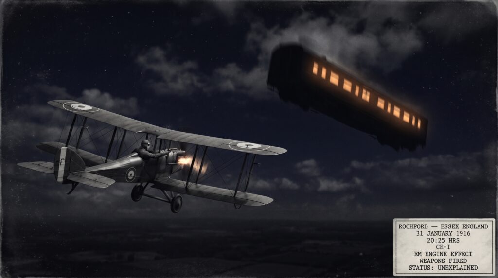 Illustration of the January 31 1916 Rochford Essex CE-I encounter showing a Royal Flying Corps WWI biplane at 5000 feet with a faltering engine as pilot Lt Morgan fires his service revolver at a large dark elongated object displaying a horizontal row of warm rectangular lights like railway carriage windows beginning its rapid vertical ascent