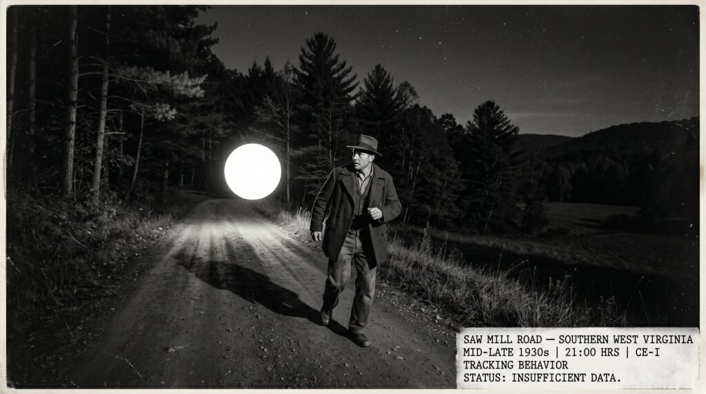 Illustration of the mid to late 1930s Saw Mill Road southern West Virginia CE-I tracking encounter showing James a solidly built rural working man walking urgently on a dark narrow Appalachian country road looking back over his shoulder at a large perfectly spherical ball of brilliant cold white light suspended at waist height following him at a precise consistent distance through the darkness