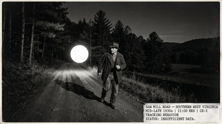 Illustration of the mid to late 1930s Saw Mill Road southern West Virginia CE-I tracking encounter showing James a solidly built rural working man walking urgently on a dark narrow Appalachian country road looking back over his shoulder at a large perfectly spherical ball of brilliant cold white light suspended at waist height following him at a precise consistent distance through the darkness