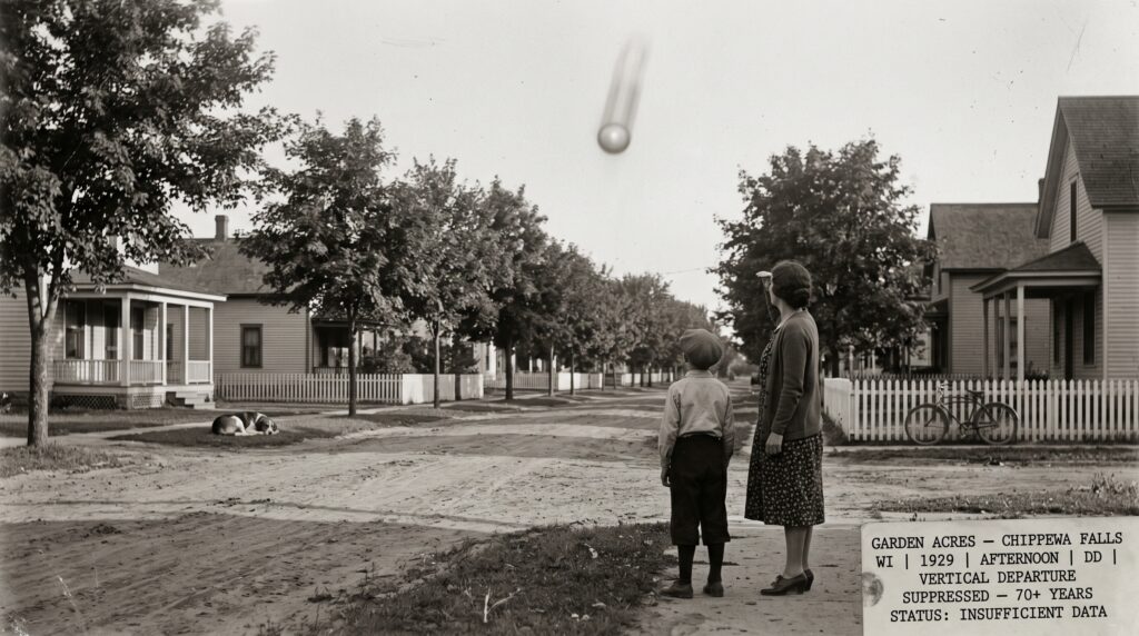 Illustration of the 1929 Chippewa Falls Wisconsin daylight disc sighting showing a woman in 1920s dress and a young boy in a quiet Wisconsin residential neighborhood both stopped mid-stride looking upward at a round pale luminous light in the afternoon sky with a vertical motion blur streak showing the moment of its sudden upward departure