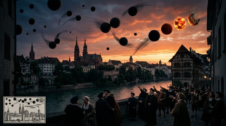 Dramatic recreation of the August 7 1566 Basel Switzerland dawn aerial battle showing many large black spheres moving toward the rising sun making half-turns and colliding above Basel's medieval skyline with frightened Renaissance citizens below and spheres transitioning from black to red to fiery before being consumed — as documented by Samuel Coccius in the Basel city gazette with a woodcut now in the Wickiana Collection