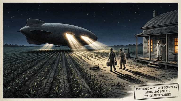 Illustration of the 1897 Josserand Texas airship landing showing a large brilliantly lit craft of strange proportions resting in a cornfield at midnight while two crew members carry water buckets toward a farmhouse well and farmer Frank Nichols watches from his porch