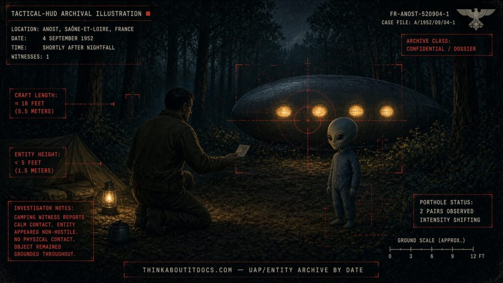 Archival-style illustration of the 1952 Anost, France UFO case, showing a small humanoid entity beside a dirigible-shaped craft accepting a visiting card from witness Jean Sibranoseian