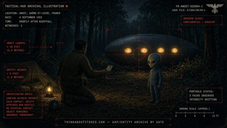 Archival-style illustration of the 1952 Anost, France UFO case, showing a small humanoid entity beside a dirigible-shaped craft accepting a visiting card from witness Jean Sibranoseian