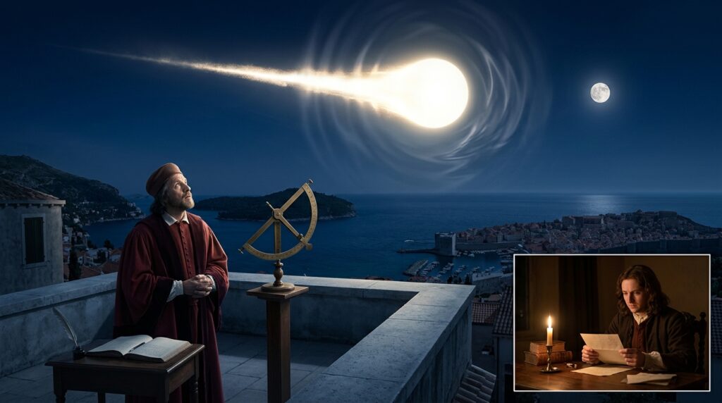 Italian astronomer Geminiano Montanari on a rooftop observatory terrace watching a vast luminous body apparently larger than the moon cross the Italian night sky from Dalmatia to Corsica at high altitude in March 1676 — the encounter he reported to Edmond Halley who called it the hardest thing he ever had to account for