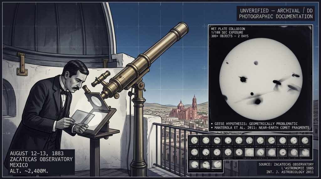 Single-panel intelligence archive illustration showing Mexican astronomer José Bonilla at his brass solar telescope at the Zacatecas Observatory on August 12 1883 with a large inset reproduction of his wet collodion glass plate photographs showing multiple dark silhouetted objects of varied morphology crossing the solar disc, with tactical HUD annotations noting the geese hypothesis problems and the 2011 Manterola comet fragment hypothesis