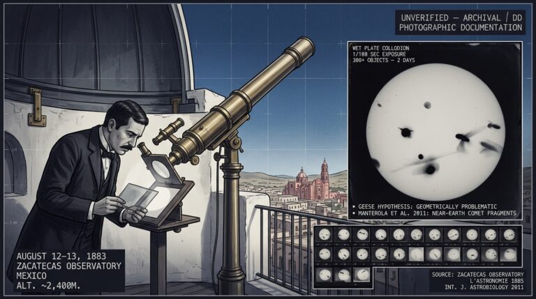 Single-panel intelligence archive illustration showing Mexican astronomer José Bonilla at his brass solar telescope at the Zacatecas Observatory on August 12 1883 with a large inset reproduction of his wet collodion glass plate photographs showing multiple dark silhouetted objects of varied morphology crossing the solar disc, with tactical HUD annotations noting the geese hypothesis problems and the 2011 Manterola comet fragment hypothesis