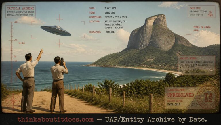 Archival-style illustration of the 1952 Barra da Tijuca, Brazil UFO case, showing a disc-shaped object circling Pedra da Gavea as two newsmen photograph it
