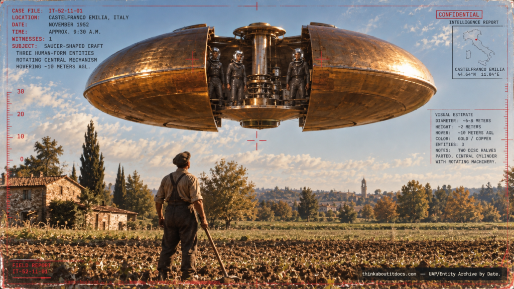 Archival-style illustration of the 1952 Castelfranco Emilia, Italy UFO case, showing a gold saucer-shaped craft split open with three rubber-suited figures visible inside