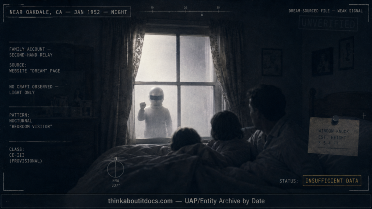 Restrained dossier-style night scene of a 1952 California farmhouse bedroom showing a small visored four-foot figure silhouetted at the window in a wash of white light as a family stays under the blankets, marked second-hand, dream-sourced, no craft, Insufficient Data