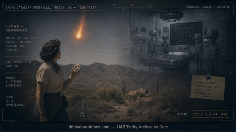 Dossier-style scene of a 1950s woman rock-hunting in the Tucson desert looking at a descending ball of fire, with a superimposed colder modern-style vignette of a Grey exam room, marked motifs-postdate-1952, date doubtful, single witness, Insufficient Data