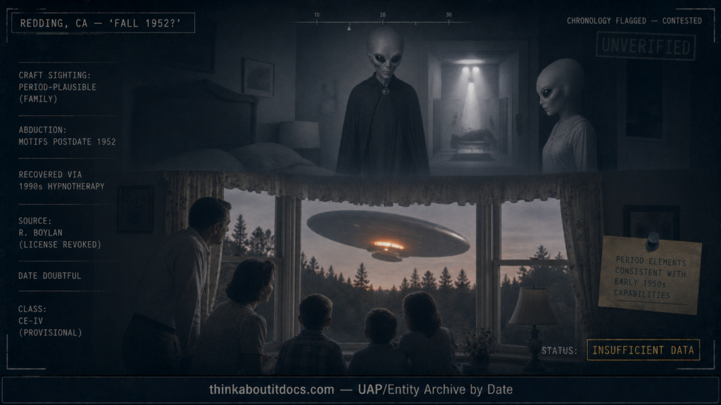 Dossier-style split scene showing a 1952 Redding family at a bay window watching a silent silvery oval craft with an orange underside light, and above it a colder modern-style vignette of tall pale black-eyed beings and a beam of light, marked date doubtful, hypnotic recall, Insufficient Data