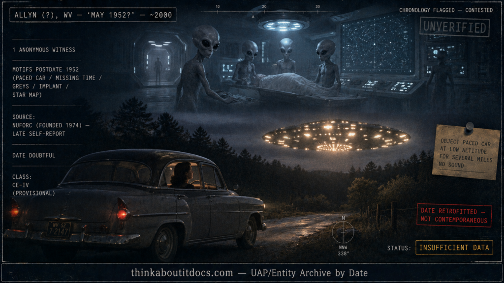 Dossier-style split scene showing a 1952 sedan halted on a dark West Virginia road as a lights-covered object paces it, with a colder modern-style vignette of small grey beings and star charts above, marked motifs-postdate-1952, NUFORC source, date doubtful, Insufficient Data