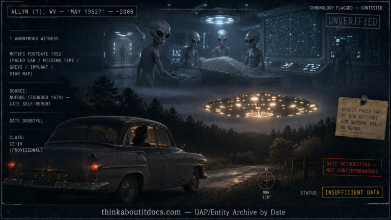 Dossier-style split scene showing a 1952 sedan halted on a dark West Virginia road as a lights-covered object paces it, with a colder modern-style vignette of small grey beings and star charts above, marked motifs-postdate-1952, NUFORC source, date doubtful, Insufficient Data