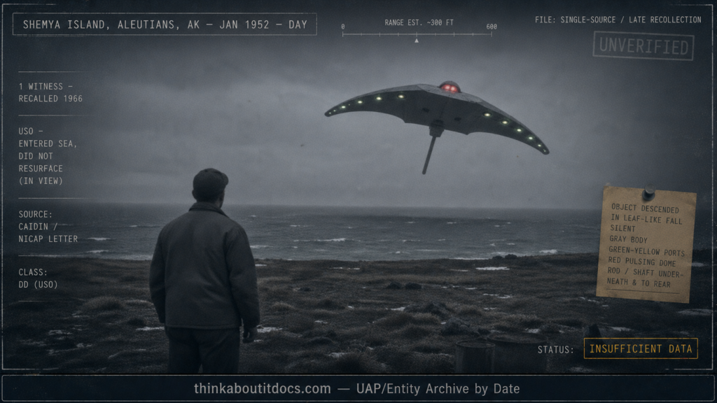 Dossier-style 1952 daytime scene on bleak Shemya Island tundra showing a lone rigger watching a gray bat-shaped craft with greenish-yellow leading-edge ports and a pulsing red dome descend toward a grey Aleutian sea, marked single-witness USO, recalled 1966, Insufficient Data