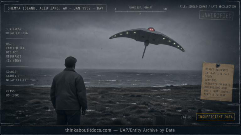 Dossier-style 1952 daytime scene on bleak Shemya Island tundra showing a lone rigger watching a gray bat-shaped craft with greenish-yellow leading-edge ports and a pulsing red dome descend toward a grey Aleutian sea, marked single-witness USO, recalled 1966, Insufficient Data