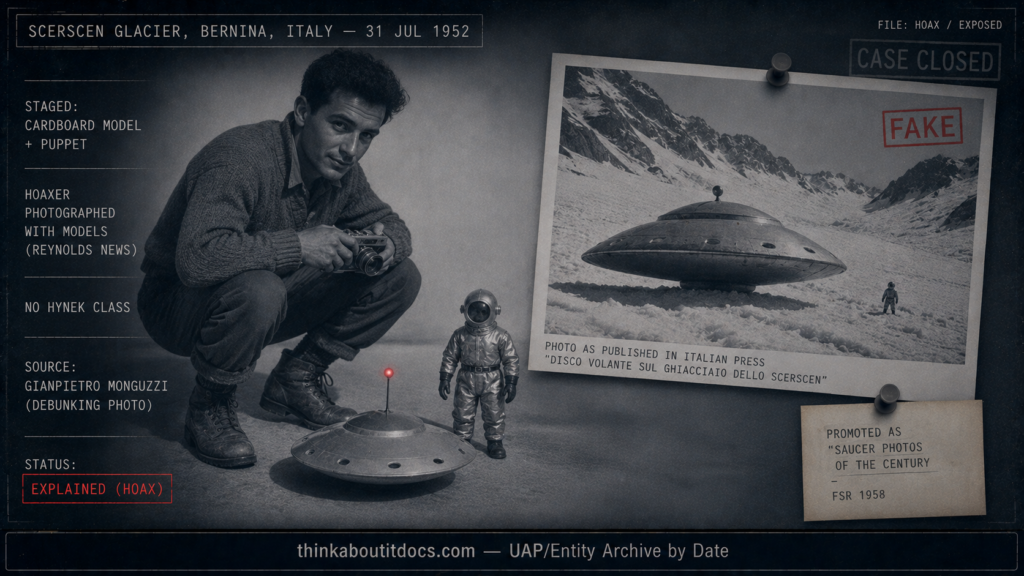 Dossier-style evidence-board image showing 1950s hoaxer Gianpietro Monguzzi crouched with a camera beside a small tabletop saucer model and a puppet figure, with a faked glacier "saucer photo" pinned behind, marked staged, no Hynek class, status Explained (hoax)