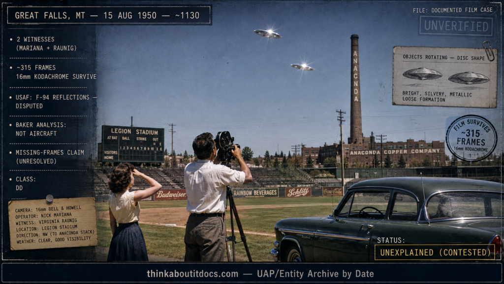 Dossier-style 1950 daytime scene at a Great Falls, Montana baseball field showing Nick Mariana raising a 16mm movie camera at two bright silvery rotating discs in the sky as his secretary watches, with the Anaconda smokestack behind, marked two witnesses, DD, Unexplained contested