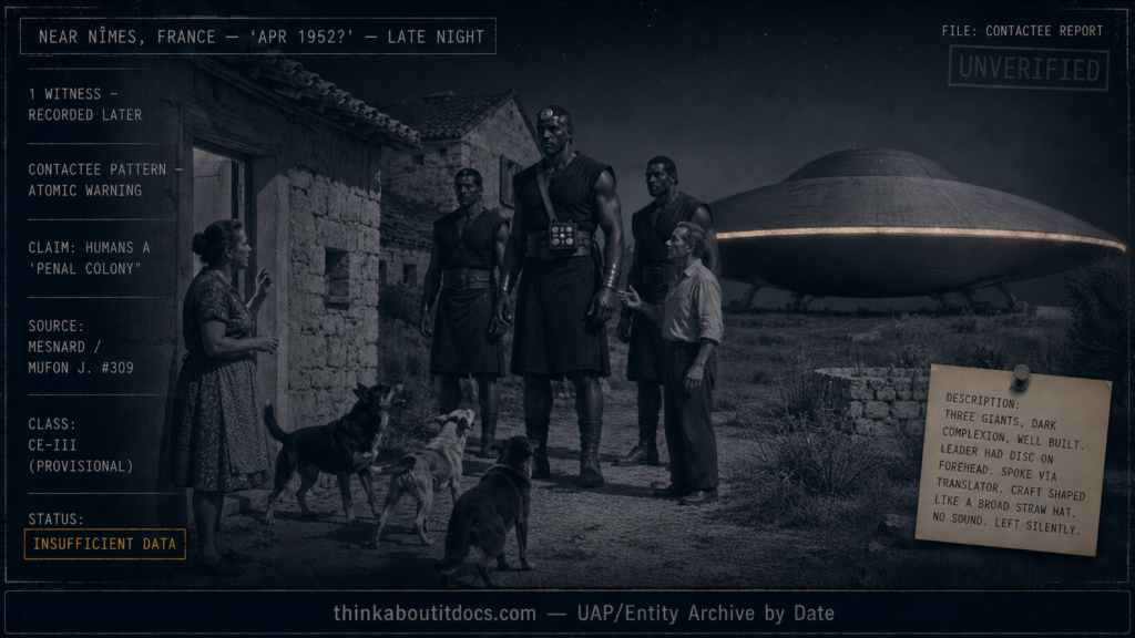 Dossier-style night scene at a rural stone property near Nîmes, France showing a woman facing three giant well-built humanoids with a human translator and a huge straw-hat-shaped craft hovering silently behind them, marked contactee pattern, single witness, Insufficient Data