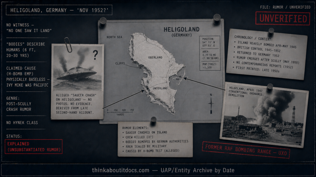 Dossier-style evidence board centered on a monochrome map of Heligoland island marked as a former British bombing range, with a question-marked saucer-crash sketch and stamps noting no witness, human-matching bodies, baseless atomic cause, status Explained unsubstantiated rumor