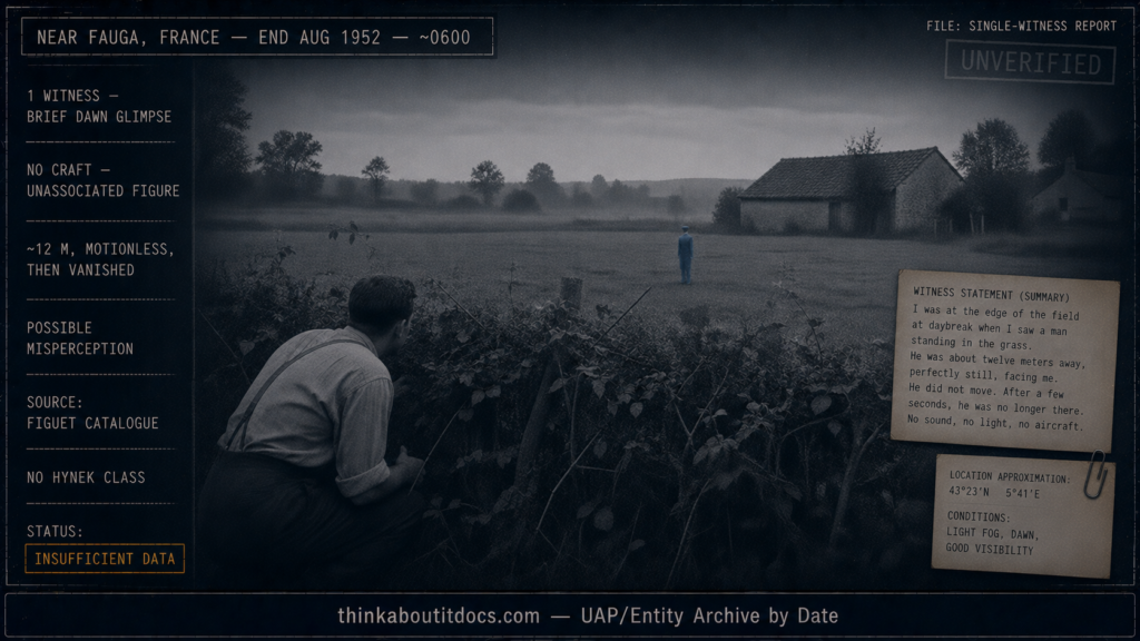 Dossier-style dawn scene of a rural French field showing a man crouched behind a hedge watching a small motionless figure in a blue uniform about twelve meters away that appears to be fading, marked no craft, single witness, possible misperception, Insufficient Data