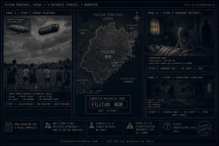 Dossier-style evidence board centered on a corrected Fujian Province map with three separated panels showing a sports group watching a can-shaped craft, a 1989 bedroom with grandmother seeing a tall figure while a child sleeps, and a 1996 backyard with a cousin glimpsing a tailed creature, marked composite correction, Insufficient Data