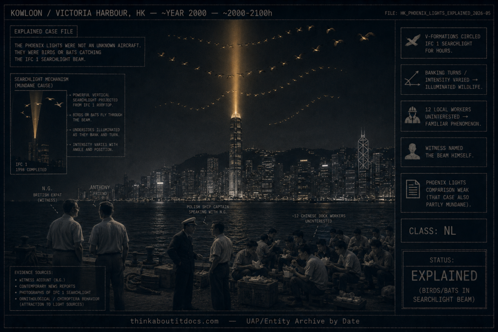 Dossier-style night scene of Victoria Harbour around 2000 showing the IFC 1 building's vertical searchlight beam projecting from Hong Kong Island, with V-formations of birds banking in arcs around the beam, their underwings caught and lit amber-gold, while two expat witnesses watch from the Kowloon quay and a dozen Chinese workers ignore the scene, marked Explained