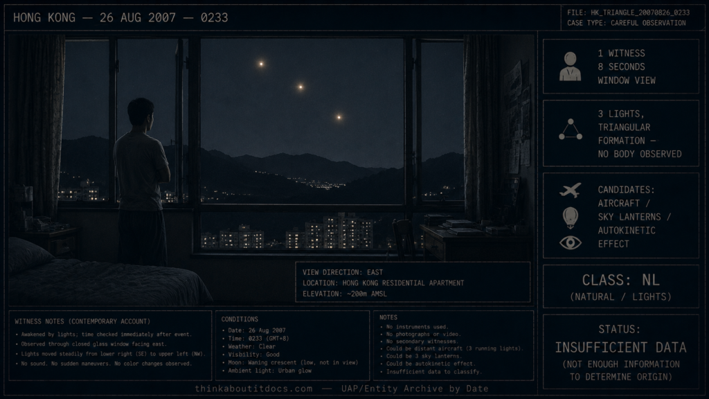 Dossier-style 2007 Hong Kong night scene through a bedroom window showing three white lights in a triangular formation moving across the dark mountain sky at 2:33 a.m., marked single witness, 8 seconds, mundane candidates fit, status Insufficient Data