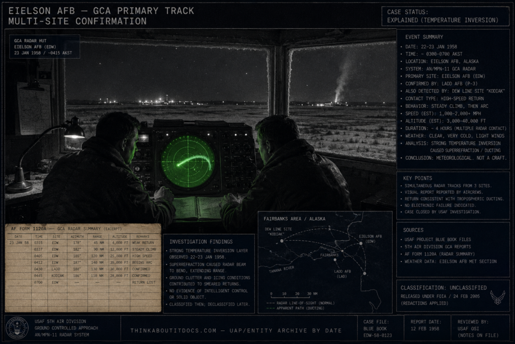 Intelligence dossier illustration of the January 1958 Eielson AFB Alaska multi-radar UFO tracking showing USAF GCA operators watching a high-speed contact on an AN MPN-11 radar scope with Ladd AFB ice fog visible through the window and HUD overlay marking the case as Explained temperature inversion