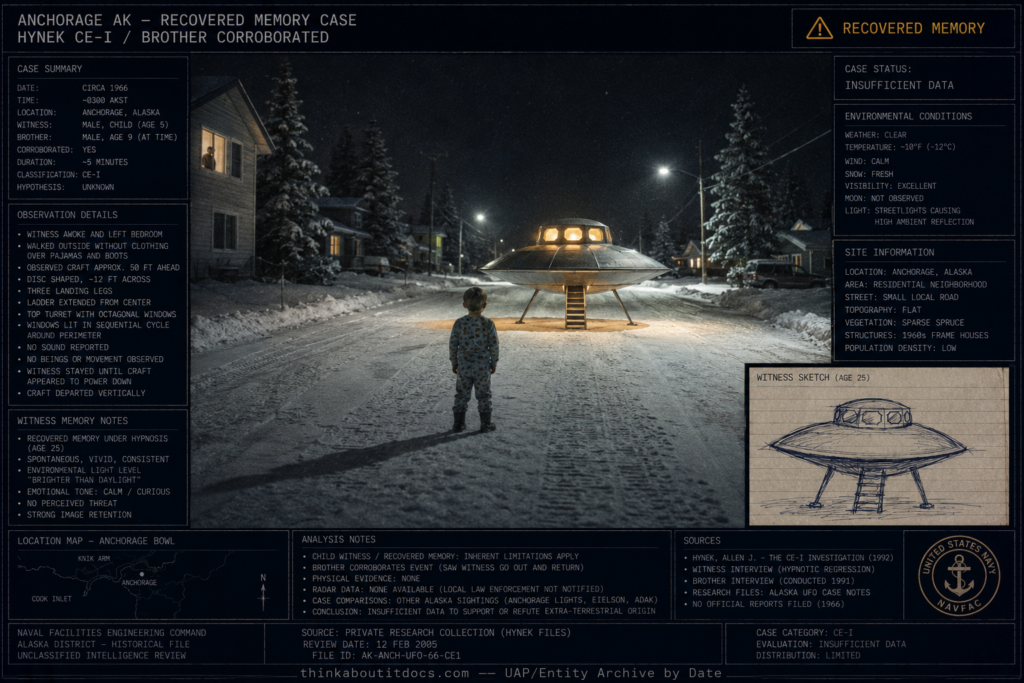 Intelligence dossier illustration of the circa 1966 Anchorage Alaska childhood UFO sighting showing a boy standing on a snow-covered residential street watching a small saucer-shaped craft with turret and landing legs with the brother watching from a bedroom window and HUD overlay marking the case as Recovered Memory Insufficient Data
