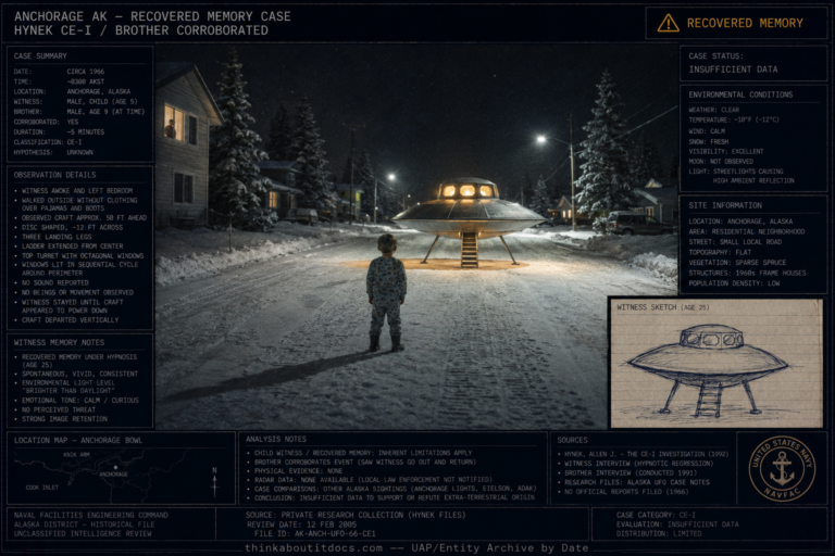 Intelligence dossier illustration of the circa 1966 Anchorage Alaska childhood UFO sighting showing a boy standing on a snow-covered residential street watching a small saucer-shaped craft with turret and landing legs with the brother watching from a bedroom window and HUD overlay marking the case as Recovered Memory Insufficient Data