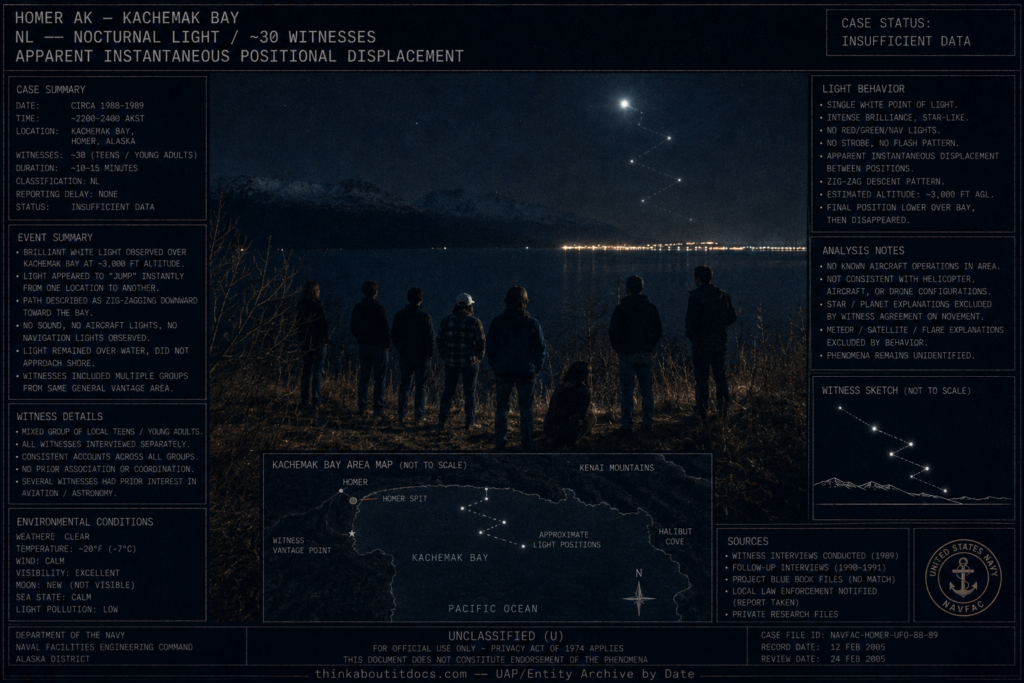 Intelligence dossier illustration of the circa 1988-89 Homer Alaska UFO sighting showing teenagers on a hillside watching a brilliant white flashing light making apparent zig-zag positional jumps over Kachemak Bay with the Homer Spit visible below and HUD overlay marking the case as NL Insufficient Data