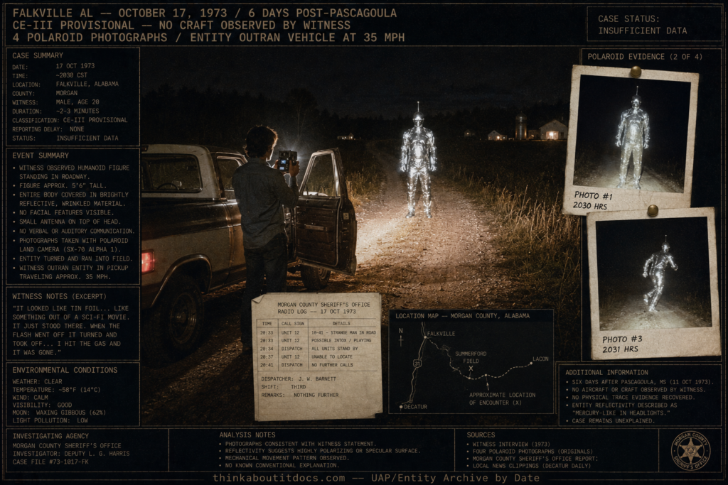 Intelligence dossier illustration of the October 17 1973 Falkville Alabama tinfoil alien encounter showing Police Chief Jeff Greenhaw photographing a brilliantly reflective humanoid figure standing in a rural road at night with Polaroid evidence prints pinned to the board and HUD overlay marking the case as CE-III provisional Insufficient Data