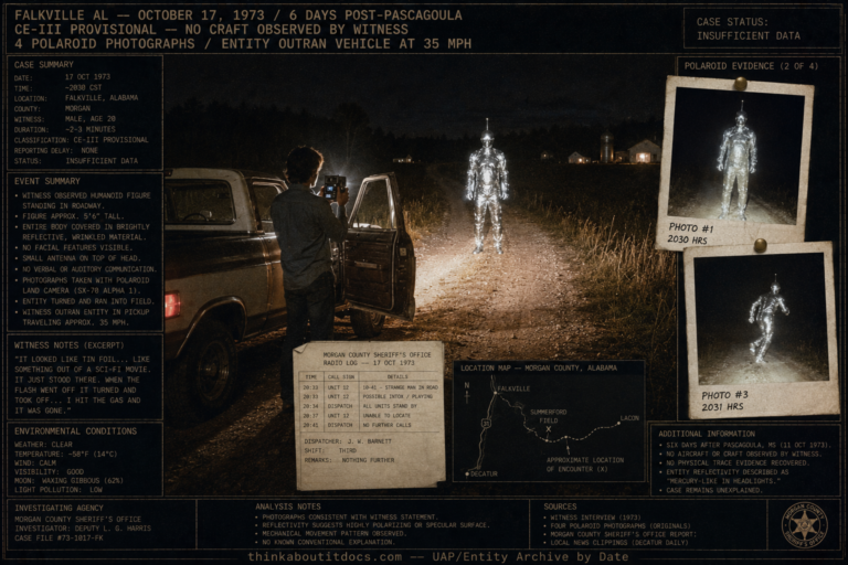 Intelligence dossier illustration of the October 17 1973 Falkville Alabama tinfoil alien encounter showing Police Chief Jeff Greenhaw photographing a brilliantly reflective humanoid figure standing in a rural road at night with Polaroid evidence prints pinned to the board and HUD overlay marking the case as CE-III provisional Insufficient Data