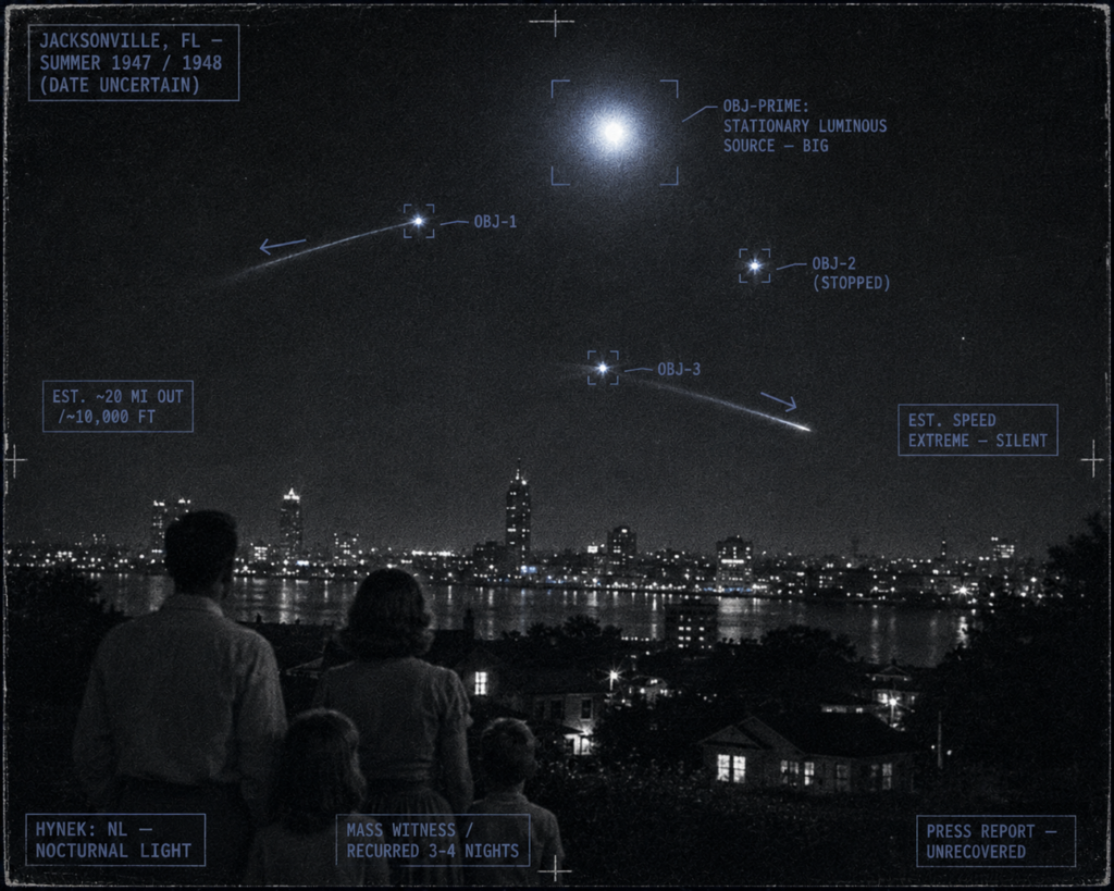Single panel intelligence dossier image for the 1947 or 1948 Jacksonville Florida mass sighting showing one large brilliant cold white-blue stationary bright light high in the night sky about twenty miles out at roughly ten thousand feet, with three smaller bright lights emerging from it and darting in different directions with streaked light-trails before stopping and changing course, over a dark Jacksonville skyline and the St. Johns River with a silhouetted family watching from a foreground yard, rendered as a grainy late-1940s silver gelatin night press photograph in an indigo-charcoal palette with HUD overlays marking the stationary parent light, the three high-speed silent satellite lights, the estimated range and altitude, the NL nocturnal light classification, the mass-witness recurring-nights context, and an unrecovered press-report source