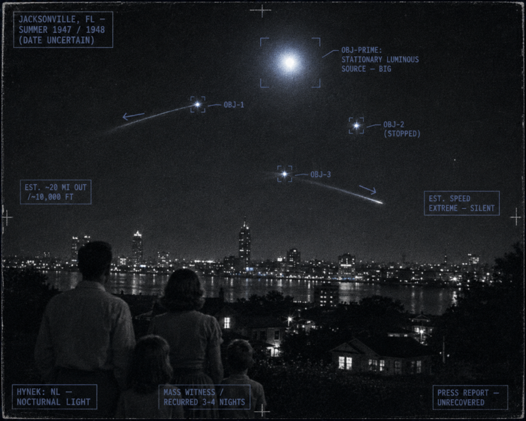 Single panel intelligence dossier image for the 1947 or 1948 Jacksonville Florida mass sighting showing one large brilliant cold white-blue stationary bright light high in the night sky about twenty miles out at roughly ten thousand feet, with three smaller bright lights emerging from it and darting in different directions with streaked light-trails before stopping and changing course, over a dark Jacksonville skyline and the St. Johns River with a silhouetted family watching from a foreground yard, rendered as a grainy late-1940s silver gelatin night press photograph in an indigo-charcoal palette with HUD overlays marking the stationary parent light, the three high-speed silent satellite lights, the estimated range and altitude, the NL nocturnal light classification, the mass-witness recurring-nights context, and an unrecovered press-report source
