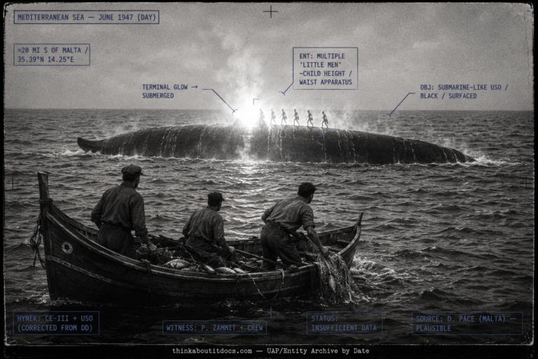 Single panel intelligence dossier image for the June 1947 encounter about twenty miles south of Malta showing a small wooden Maltese fishing boat with fishermen hauling nets turned toward a long dark submarine-like unidentified submerged object on the open Mediterranean as a brilliant cold white light flares from it and several short child-height humanoid figures with apparatus at their waists move across its deck, rendered as a grainy 1947 silver gelatin photograph in an indigo-charcoal palette with HUD overlays marking the black surfaced USO, the multiple little men, the terminal glow before submergence, the position twenty miles south of Malta, the reclassification from DD to CE-III plus USO, the named witness Pawlu Zammit and crew, the plausible David Pace source, and the Insufficient Data status, with a lower strip reading thinkaboutitdocs.com — UAP/Entity Archive by Date