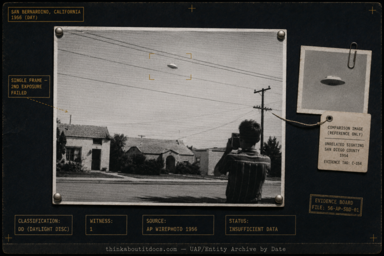 Intelligence-dossier evidence board showing the 1956 Michael Savage San Bernardino UFO wirephoto — a light-toned disc near residential power lines rendered as a high-contrast 1950s AP halftone print, with a teenage photographer in shadow and tactical HUD stamps marking the case as a single-frame Daylight Disc of insufficient data.