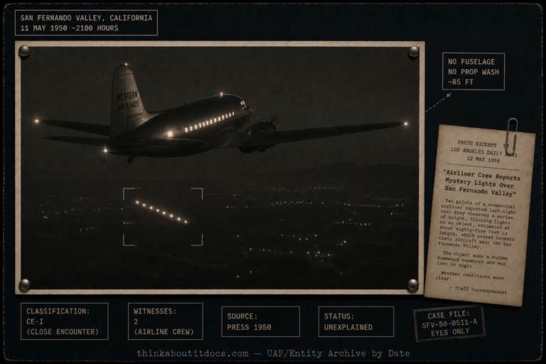 Intelligence-dossier evidence board for the October 1950 Van Nuys–San Fernando airliner near-miss, showing a night view over the dark San Fernando Valley of a twin-engine 1950 California Central airliner climbing with its lights on while an elongated dark object with no visible fuselage and a single row of six to eight bright blinking lights along its top swerves and passes beneath the airliner's left wing, rendered in cold grainy 1950 night film stock with the two pilots distant and unidentifiable in the cockpit; restrained warm-white tactical HUD overlays mark the case as Classification CE-I close encounter, two airline-crew witnesses, source 1950 press reports, status Unexplained.