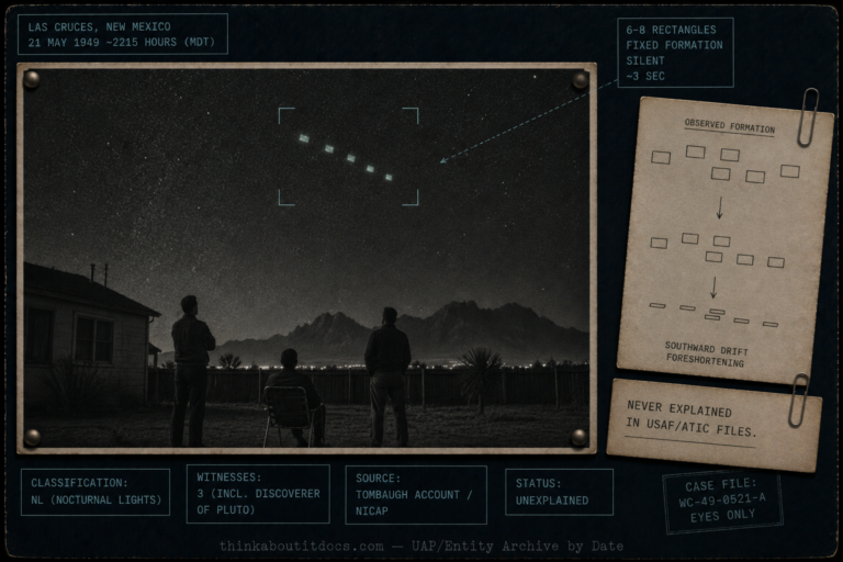 Intelligence-dossier evidence board for the August 1949 Clyde Tombaugh UFO sighting at Las Cruces, New Mexico, showing a brilliant transparent desert night sky over a modest residential backyard with the Organ Mountains on the horizon and three distant unidentifiable figures looking up as a tight geometric formation of six to eight faint bluish-green rectangular window-like lights drifts from the zenith toward the southern horizon, foreshortening as it descends; rendered in cold low-saturation grainy 1949 night film character, with a clipped inset diagram of the rectangle array and a note that the case was never explained in USAF/ATIC files, and restrained bluish-green tactical HUD overlays marking the case as Classification NL nocturnal lights, three witnesses including the discoverer of Pluto, sourced to Tombaugh's own account and NICAP, status Unexplained.