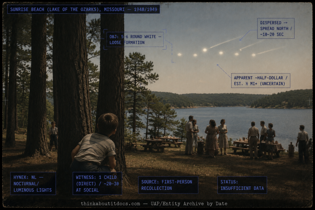 Single panel intelligence dossier image for the 1948 or 1949 Sunrise Beach Missouri sighting rendered in muted late-1940s color showing a stand of tall pine trees at the edge of an undeveloped Lake of the Ozarks shoreline with a young child in period clothing crouched among the trunks in a hide-and-seek pose looking up and a small group of 1940s adults at a social gathering near picnic tables in the middle distance, while high above the lake five or six bright nearly round cool-white objects hang in a loose left-to-right formation with a couple beginning to break apart and spread toward the north, with HUD overlays marking the five-to-six round white objects in loose formation, the dispersal and northward spread over ten to twenty seconds, the uncertain half-dollar apparent size and half-mile-plus range estimate, the NL nocturnal luminous lights classification, the single child witness with twenty to thirty people at the social, the first-person recollection source, and the Insufficient Data status, with a lower strip reading thinkaboutitdocs.com — UAP/Entity Archive by Date