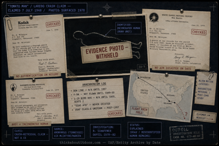 Single panel intelligence dossier image for the 1948 Tomato Man Laredo Texas crash claim rendered as a debunked investigator's evidence board over a dark indigo-charcoal backing, deliberately non-graphic with no body shown, featuring a central withheld evidence-photo placard with an abstract chalk outline tagged identified as incinerated human by a burn unit, surrounded by pinned period typed letters with red checked stamps including a Kodak letter marked no authentication on record, a White Sands letter marked no air disaster on date, a Shriners Burns Institute letter marked body equals incinerated human, and an anachronism log card listing the DEW Line not existing until 1957, the F-94 not flown until 1949 to 1950, the L-19 Bird Dog not existing until 1950 and seating only two, Dias AFB never existing, and the USAF Class-A uniform being post-1957, plus a small map inset showing a flight path from Washington State overshooting into Oklahoma and Kansas with an implausible bend toward Mexico tagged flight path fails, with HUD overlays marking the crash-retrieval claim classification, the anonymous Tennessee source via McIntyre and MARCEN, the Ron Schaffner OUFOIL 1979 to 1982 investigation, and the Explained hoax and misidentified human remains status, with a lower strip reading thinkaboutitdocs.com — UAP/Entity Archive by Date