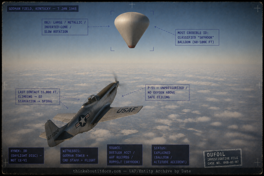 Single panel intelligence dossier image for the January 7 1948 Thomas Mantell incident rendered in muted late-1940s color showing a high-altitude daytime scene over a winter Kentucky landscape with a 1948 P-51D Mustang fighter in Air National Guard markings seen from behind in a steep nose-up climbing attitude with its canopy closed and a lone pilot inside, while high above and ahead of it hangs a large pale rounded inverted-cone object with a faintly metallic sheen a vertical seam line and a reddish shaded base consistent with a huge classified Skyhook high-altitude balloon far beyond the straining fighter's reach, with HUD overlays marking the large metallic slowly rotating object, the most credible identification as a classified Skyhook balloon at 60 to 100 thousand feet, the unpressurized P-51 with no oxygen above its safe ceiling, the last contact at 15000 feet leading to oxygen starvation and a fatal spiral, the DD daylight disc classification rather than CE-VI, the Godman tower and command staff and flight witnesses, the Duesler account and Army Air Force records and Ruppelt Skyhook source, and the Explained balloon and altitude-accident status, with a lower strip reading thinkaboutitdocs.com — UAP/Entity Archive by Date