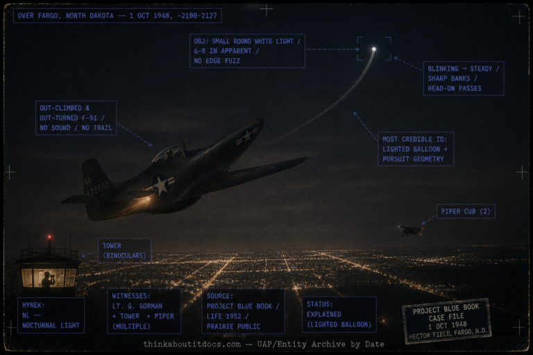 Single panel intelligence dossier image for the October 1 1948 Gorman Dogfight rendered in muted late-1940s night color showing a 1948 F-51D Mustang fighter banking hard in pursuit over the lights of Fargo North Dakota at night with a lone pilot inside while ahead and above it a single small clear-white perfectly round ball of light with crisp edges turns mid-maneuver leaving a faint curving trail, with the tiny lit shape of a Piper Cub below and the glow of the Hector Field control tower with a figure at the window establishing the multiple witnesses, and HUD overlays marking the small round white light six to eight inches apparent with no edge fuzz, its blinking-then-steady behavior and sharp banks and head-on passes, its out-climbing and out-turning of the F-51 with no sound or trail, the most credible identification as a lighted balloon plus pursuit geometry, the tower-with-binoculars and two-person Piper Cub witnesses, the NL nocturnal light classification, the pilot Lieutenant George Gorman and multiple witnesses, the Project Blue Book and LIFE 1952 and Prairie Public sources, and the Explained lighted-balloon status, with a lower strip reading thinkaboutitdocs.com — UAP/Entity Archive by Date