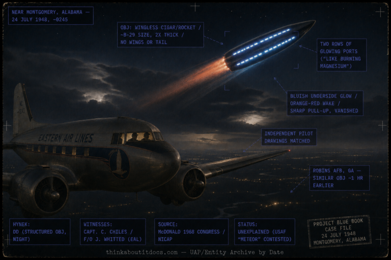 Single panel intelligence dossier image for the July 24 1948 Chiles-Whitted case rendered in muted late-1940s night color showing the nose and starboard wing of a 1948 Eastern Air Lines DC-3 airliner banking left in a pre-dawn sky over Alabama with a distant squall line and faint ground lights below and two pilot silhouettes in the lit cockpit, while passing off the starboard side slightly above is a wingless cigar or rocket-shaped craft with a pointed nose roughly airliner-size but thicker showing two parallel rows of brightly glowing rectangular ports blazing a blue-white burning-magnesium light a bluish glow along its underside and a long orange-red exhaust wake as it angles into a sharp upward pull-up, with HUD overlays marking the wingless cigar-rocket object about B-29 size and twice as thick with no wings or tail, the two rows of glowing ports, the bluish underside glow and orange-red wake and sharp pull-up before vanishing, the matching independent pilot drawings, the Robins AFB Georgia corroboration about an hour earlier, the DD structured-object night classification, the witnesses Captain Clarence Chiles and First Officer John Whitted of Eastern Air Lines, the McDonald 1968 Congress and NICAP source, and the Unexplained status with the Air Force meteor reclassification noted as contested, with a lower strip reading thinkaboutitdocs.com — UAP/Entity Archive by Date