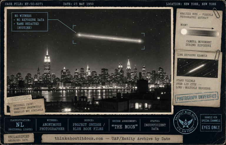 Intelligence-dossier evidence board for the March 1950 cylindrical UFO photograph over New York City, showing a vintage 1950 black-and-white silver-gelatin night photo of the Art Deco Manhattan skyline with a long smooth glowing cylindrical form hanging in the sky above and faint stars visible across the frame, the cylinder given a streak-like motion-blurred quality; a clipped clinical inset diagrams how a long-exposure camera streak could draw a bright disc such as the Moon into a cylinder, with a note that stars visible over a lit city imply a long or multiple exposure, and restrained cool-cyan tactical HUD overlays mark the case as Classification NL nocturnal lights, an anonymous photographer, sourced to Project Grudge and Blue Book files, with the Grudge assessment "the moon" and status Insufficient Data.
