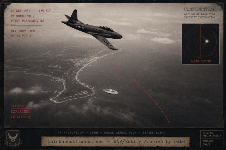Dossier-style aerial reconstruction of the September 10 1951 Fort Monmouth UFO case showing a U.S. Air Force T-33 jet trainer banking in a descending turn high over the Sandy Hook–Point Pleasant New Jersey coastline while a dull silver discus-shaped object banks far below, with a red HUD track line, radar-scope inset, and stenciled date and classification stamps in cold indigo-charcoal monochrome.